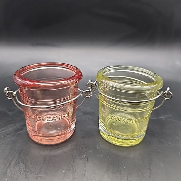 2 Yankee Candle Glass Bucket Basket Votive Tea Light Holders Metal Handle - Picture 1 of 8